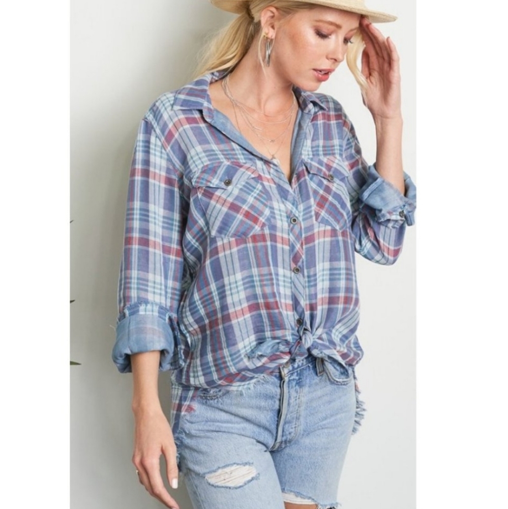 Lightweight Button-Up-The-Front Shirt, Blue Plaid, Various Sizes, BNWT